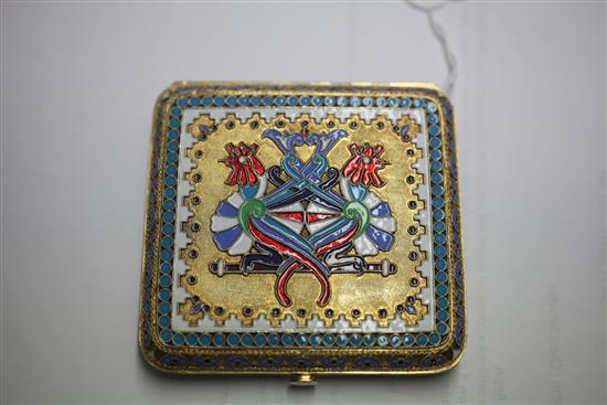 A late 19th century Russian 84 zolotnik silver gilt and cloisonne polychrome enamel cigarette case, 83mm.